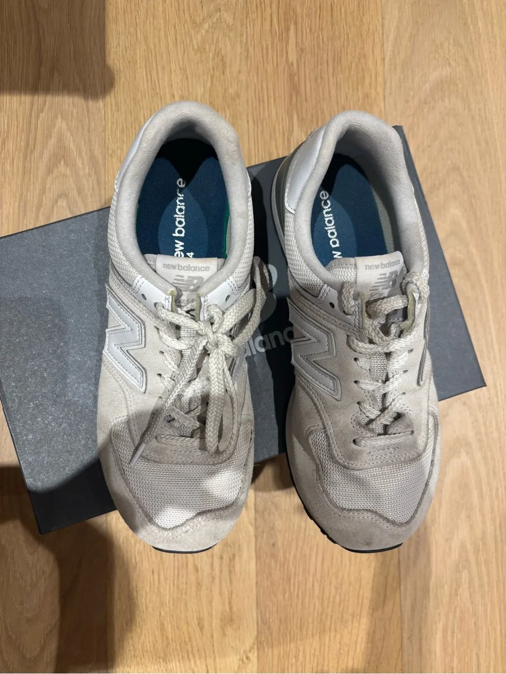 New Balance Beige and White Suede Mesh Sneakers